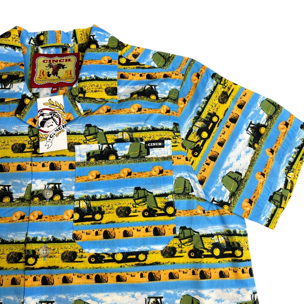 Cinch Mens XS Tractor Print Button Down Shirt Classic Cowboy Camp Collar NWT